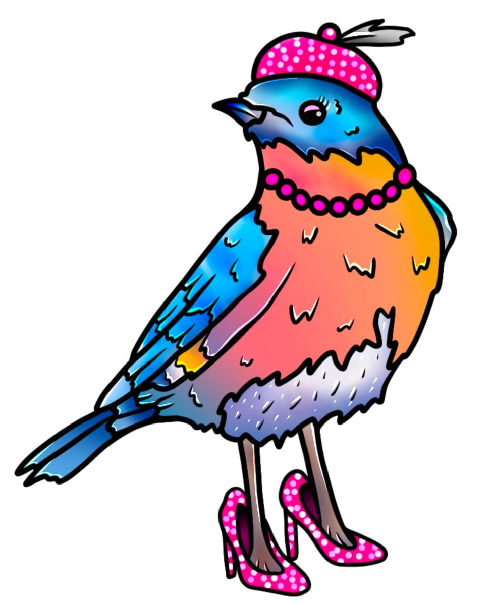 Bluebird in pink glitter hat, beads, and heels.