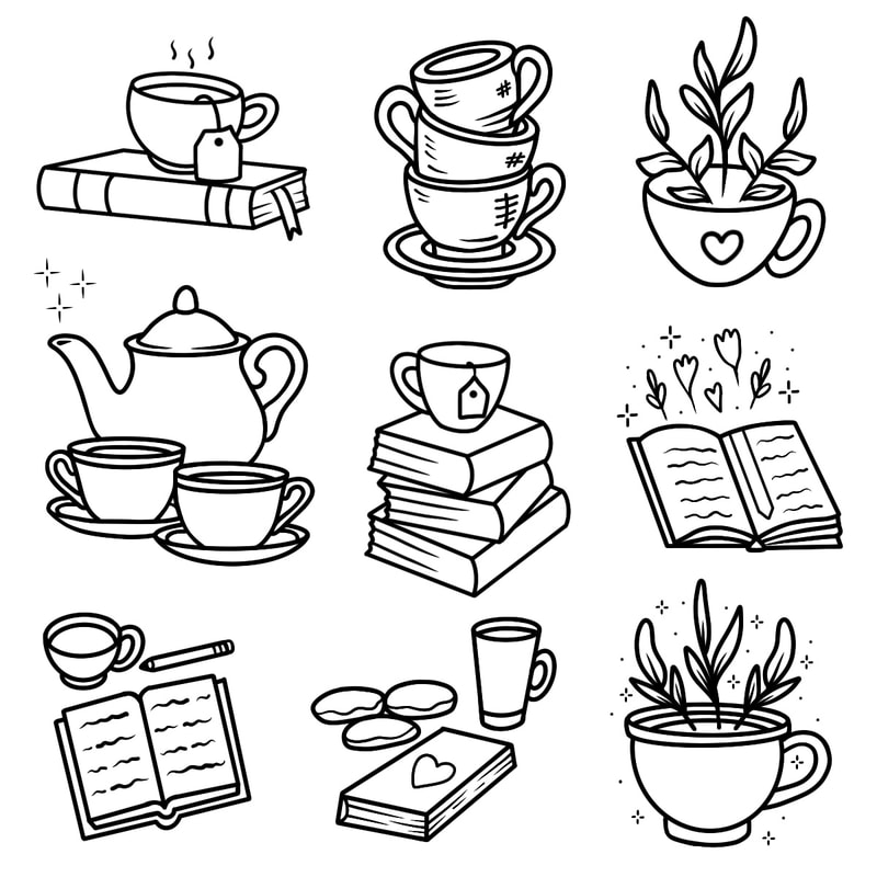 Books with tea cups, coffee cups, and plants linework tattoo designs.