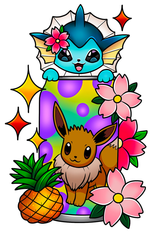 Eevee soda pop with vaporeon, a pineapple, and traditional sparkles and flowers.