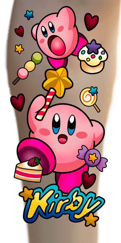 Kirby forearm tattoo design with sweets and treats.