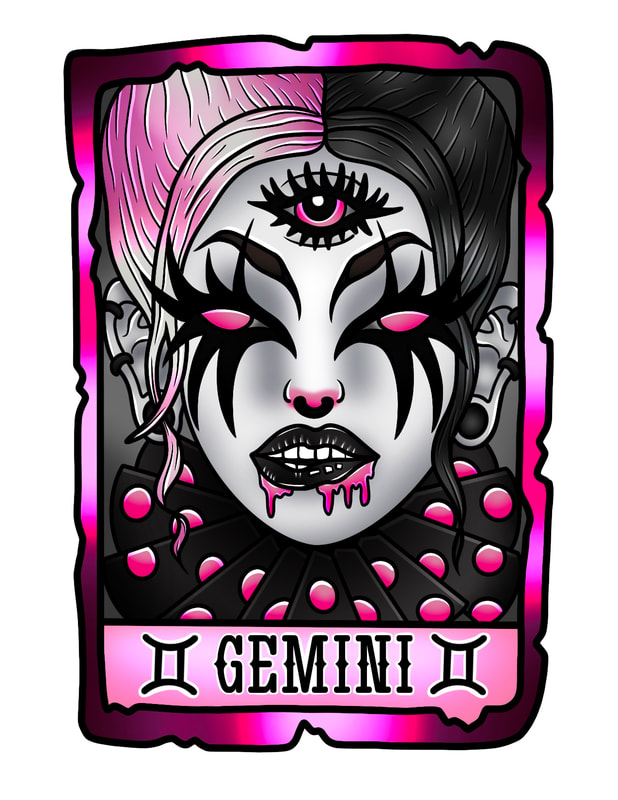 Gemini tarot card goth clown girl pink and black.