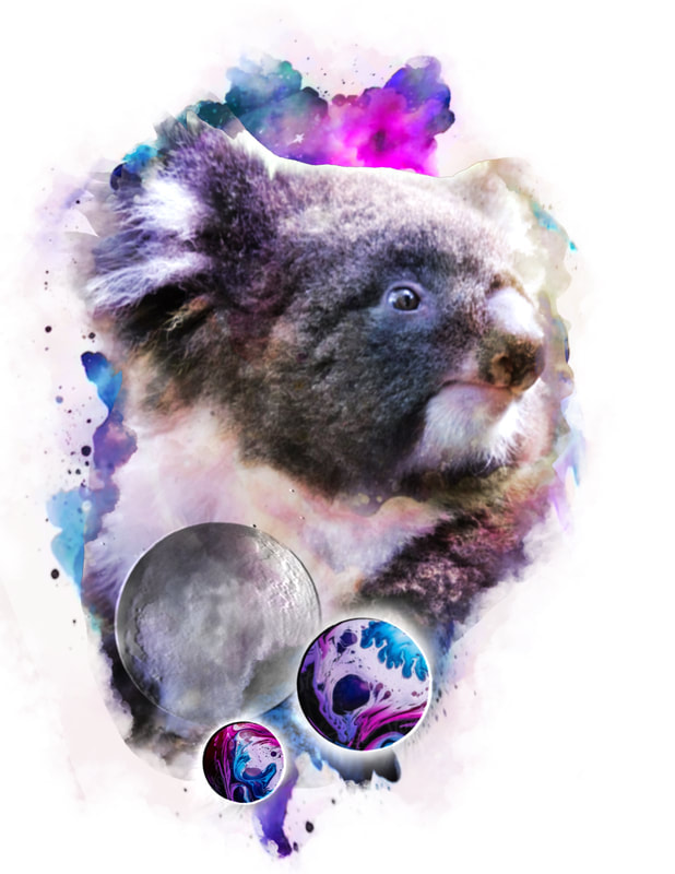 Koala bear looking off into purple, pink, and blue space with two planets and a moon. Color realism galaxy tattoo for sale.