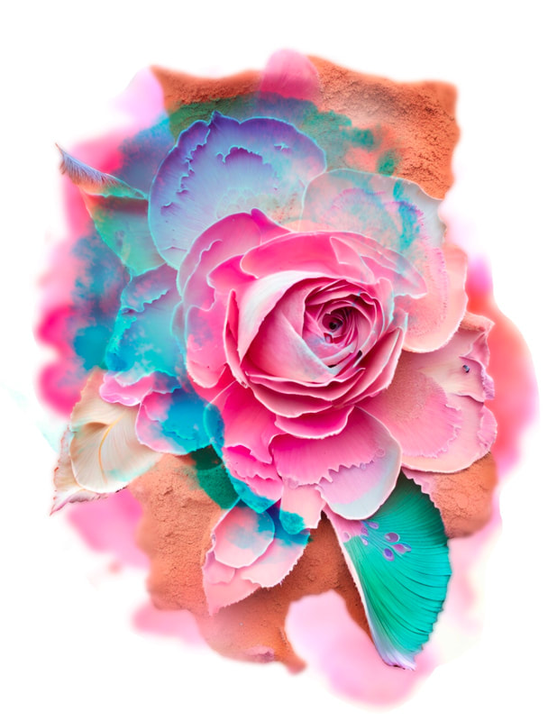 Peach rose buried in sand with teal watercolor splash.