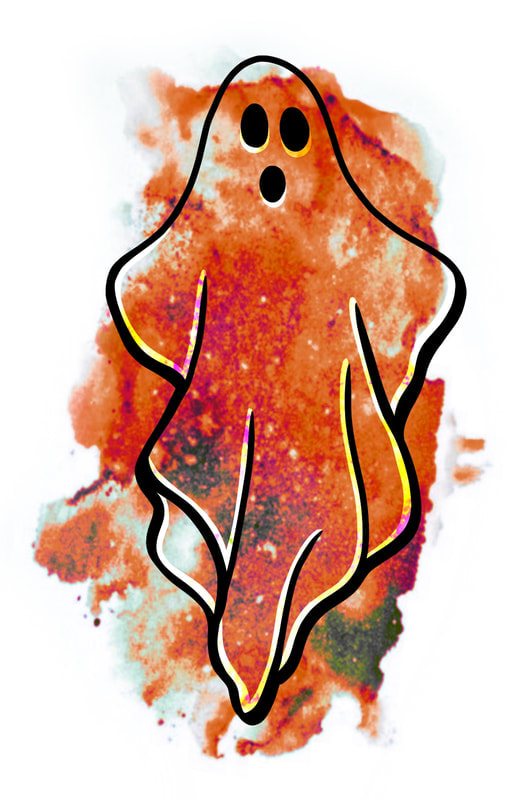 Orange watercolor galaxy ghost tattoo design. Halloween tattoo flash for sale.