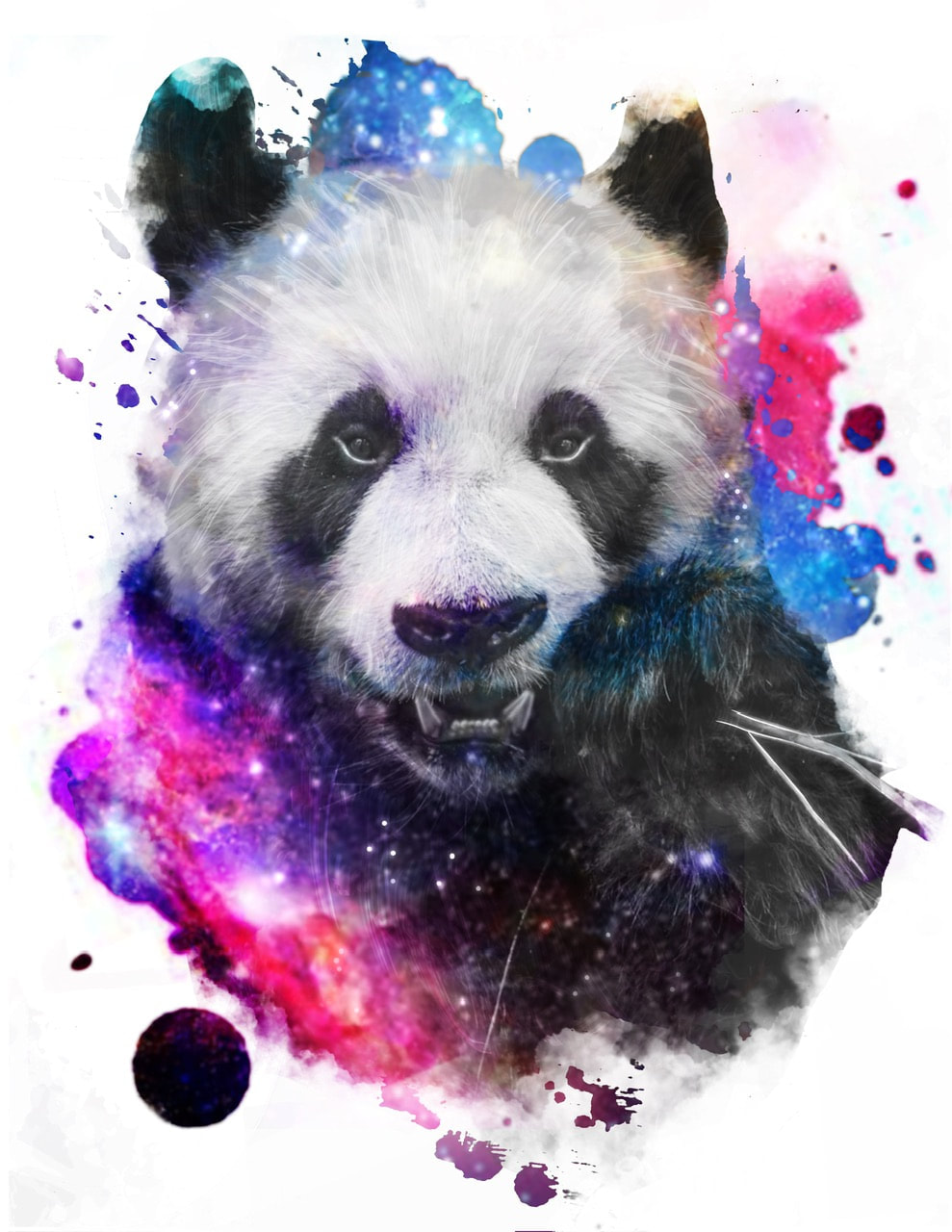 Black and white panda eating bamboo with pink, purple, and blue galaxy background. Color realism tattoo design for sale.