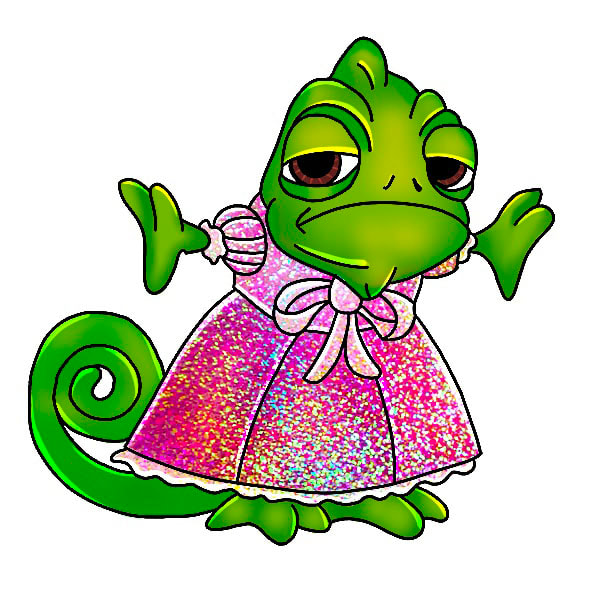 Pascal from Disney's Tangled wearing a glittery pink dress. Tattoo design by Tyranicorn for sale.