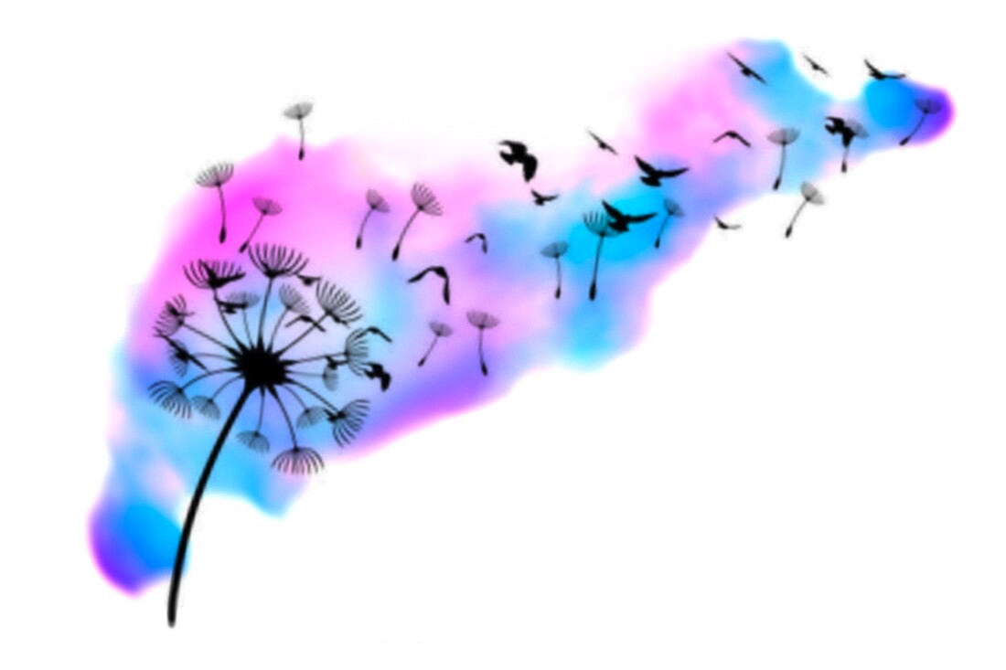 Pink, purple, blue, pastel, dandelion breaking into birds watercolor tattoo by Tyranicorn.