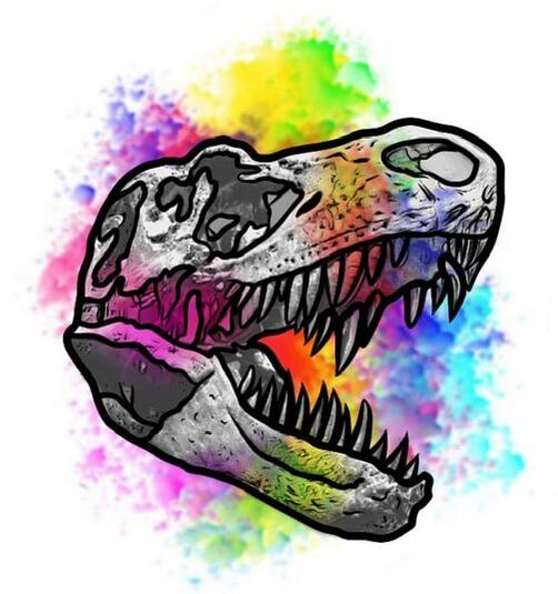 Rainbow watercolor neo traditional tyrannosaurus rex skull tattoo design for sale.