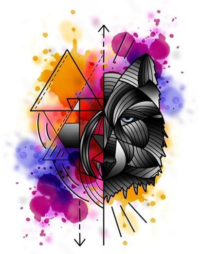 Black and grey geometric wolf with a pink, purple, and yellow watercolor background. Tattoo design for sale.