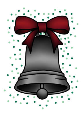 Neo traditional Christmas bell tattoo design with green and white sparkles