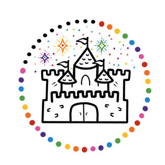 Disney castle with rainbow dots and fireworks.