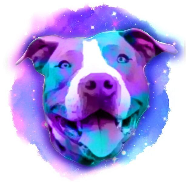 Purple, teal, and blue watercolor pit bull face tattoo design for sale.