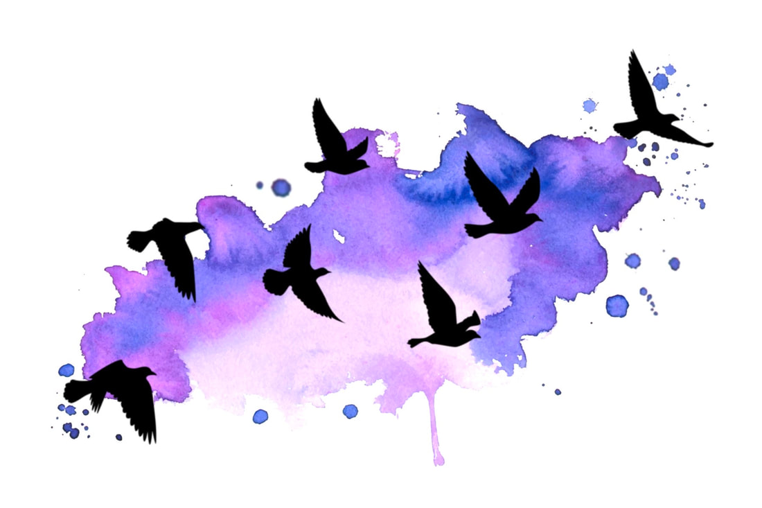 Purple crows flying with watercolor background.
