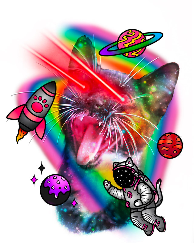 Neo realism cat shooting laser beams with cats in space neo traditional designs.