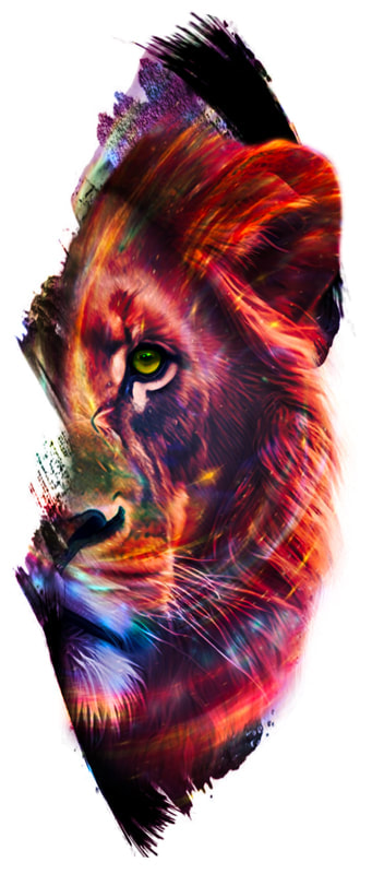 Half of a lion face with rainbow galaxy colors.