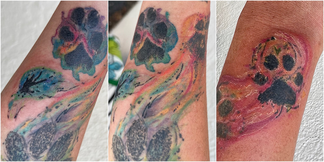 Rainbow watercolor paw prints for pets on a forearm.