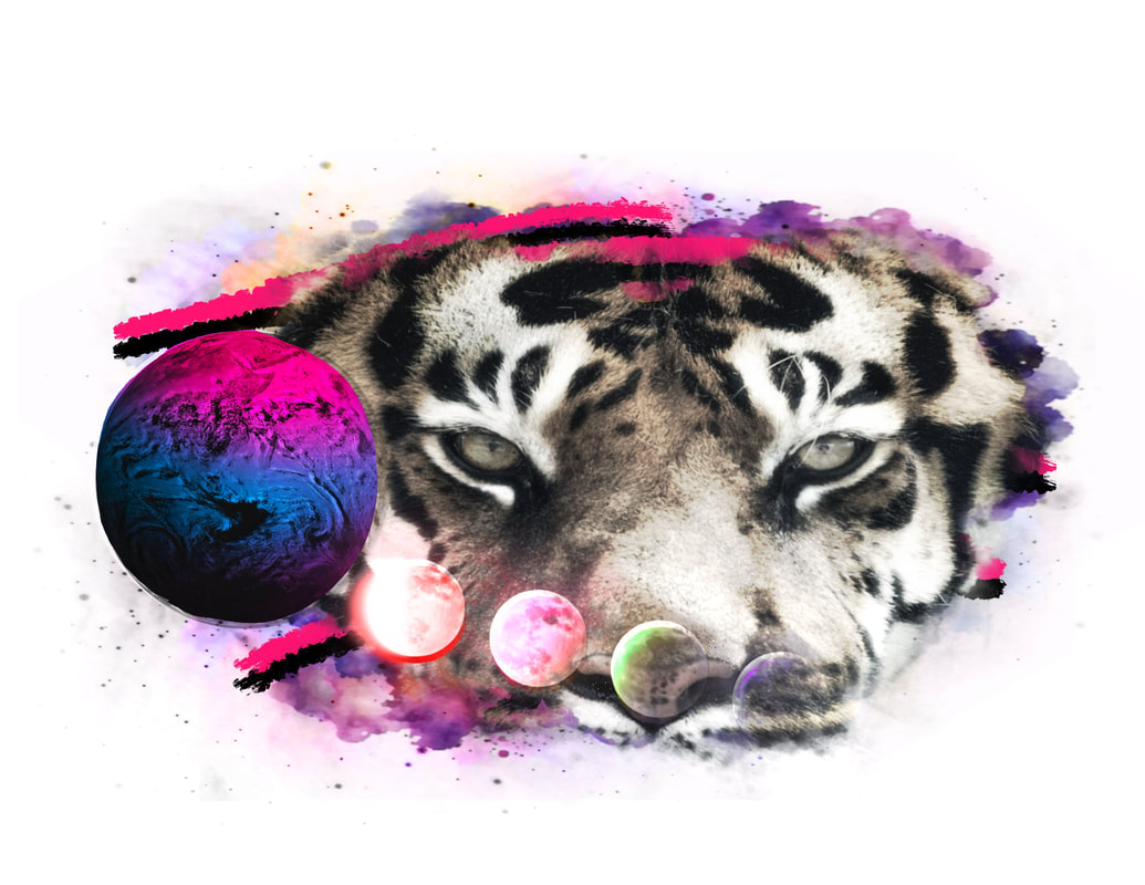 Tiger eyes with rainbow planets and neon 80's background. Color realism tattoo design for sale.