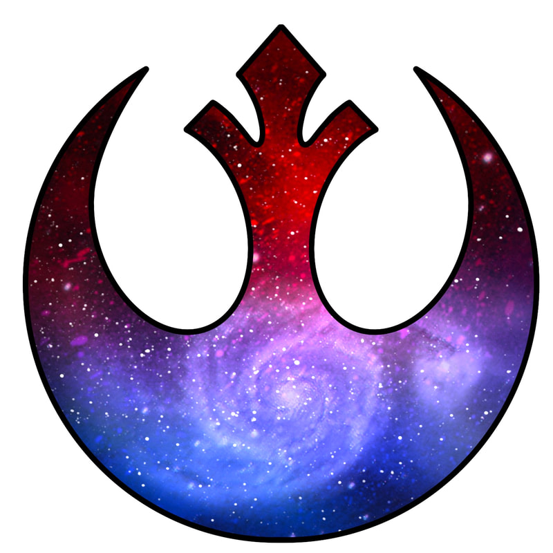 Red and blue Star Wars Rebel Alliance logo with galaxy swirl inside.