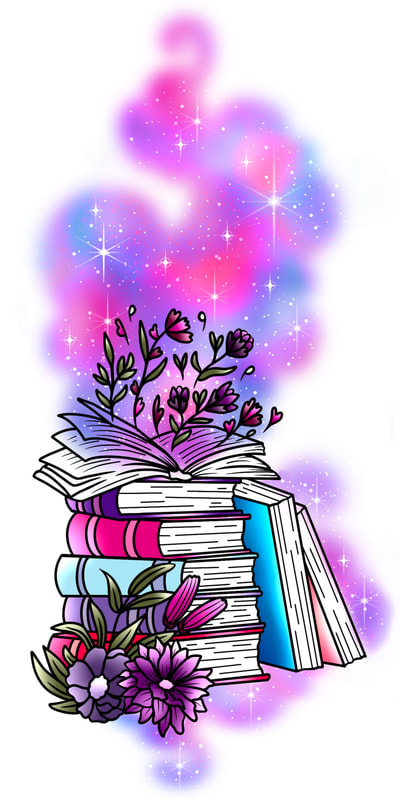 Pink, purple, and blue watercolor book stack with flowers and sparkles.