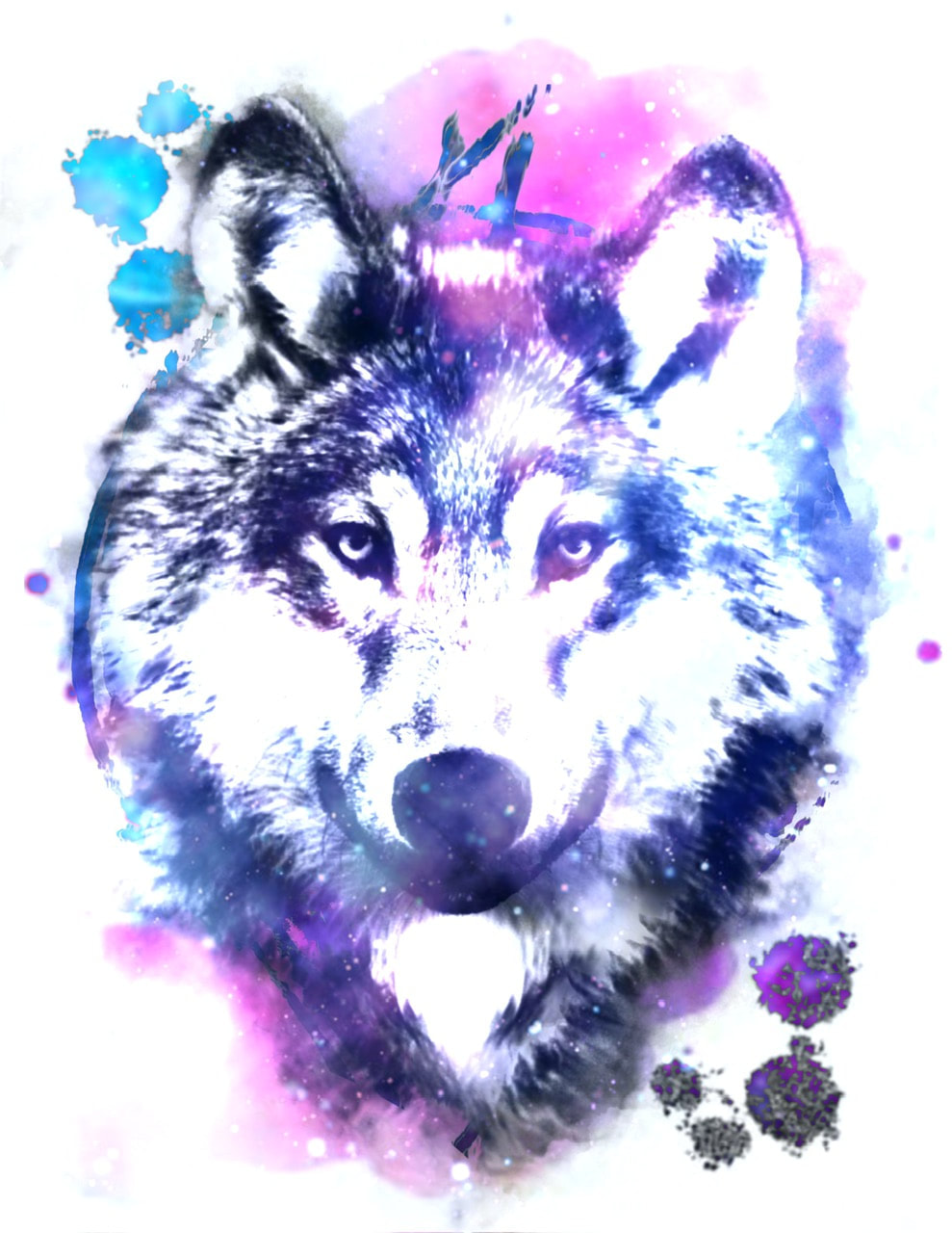 Pink, purple, and blue galaxy wolf. Realism tattoo design for sale.